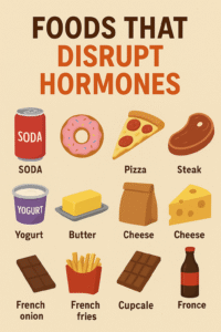 Foods That Disrupt Hormones – infographic showing hormone-disrupting foods for women’s health.