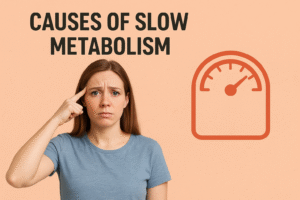 Causes of slow metabolism explained with visual concept of weight gain and low energy