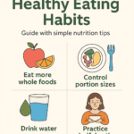 "Healthy Eating Habits guide with simple nutrition tips including whole foods, portion control, hydration, and mindful eating."
