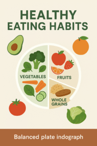 “Healthy Eating Habits infographic showing benefits of whole foods, hydration, and portion control.”