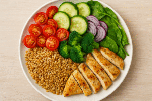 “Healthy Eating Habits example meal plate with vegetables, lean protein, and whole grains.”