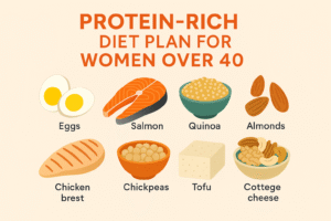 “Protein-rich diet plan for women over 40 including eggs, salmon, quinoa, and nuts for healthy aging and weight management.”