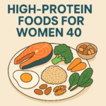 “Featured image for High-Protein Foods for Women 40 showing a balanced diet plate with salmon, eggs, quinoa, nuts, and vegetables.”