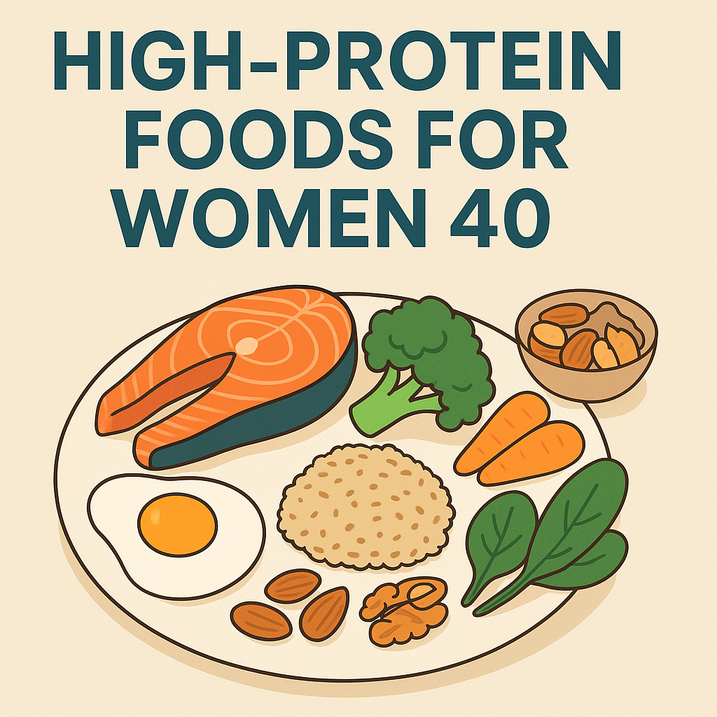 “Featured image for High-Protein Foods for Women 40 showing a balanced diet plate with salmon, eggs, quinoa, nuts, and vegetables.”