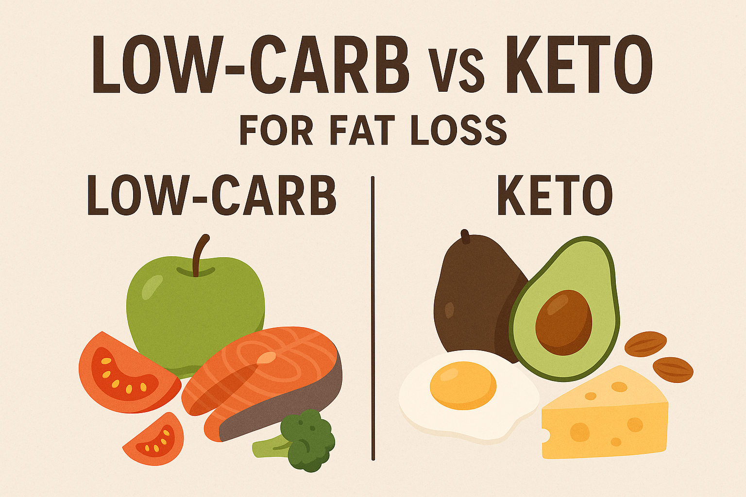 Side-by-side illustration of Low-Carb vs Keto diet foods for fat loss comparison.
