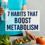 Woman with healthy foods and water bottle promoting habits that boost metabolism