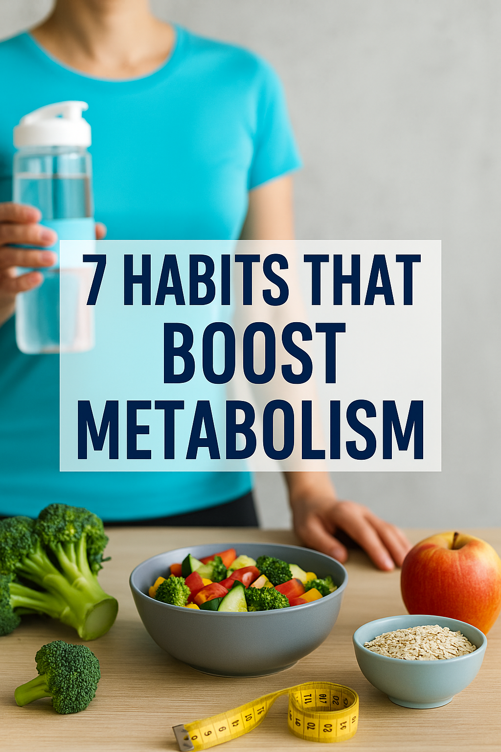 Woman with healthy foods and water bottle promoting habits that boost metabolism