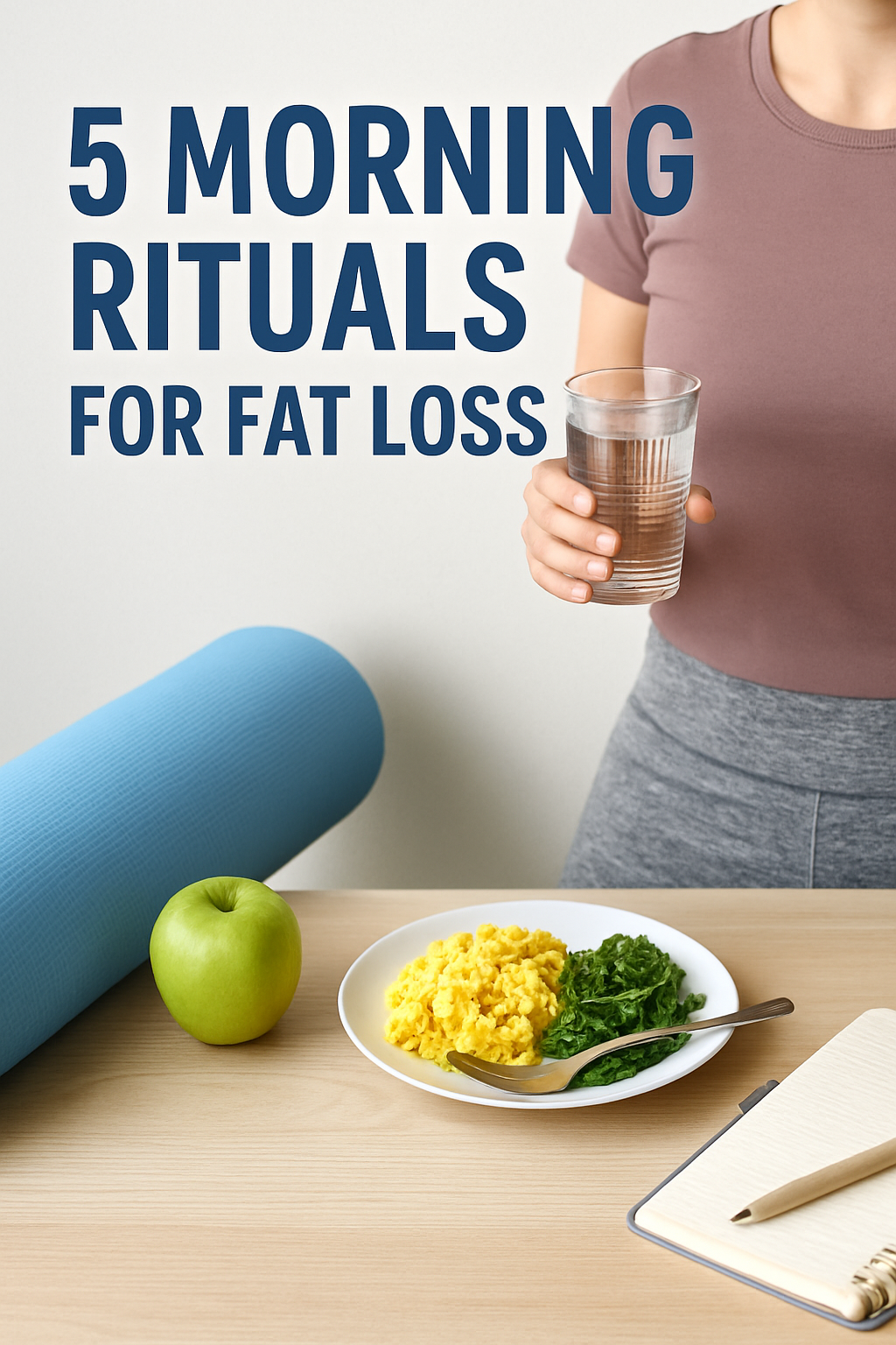 Woman holding a glass of water with healthy breakfast and yoga mat – 5 Morning Rituals for Fat Loss