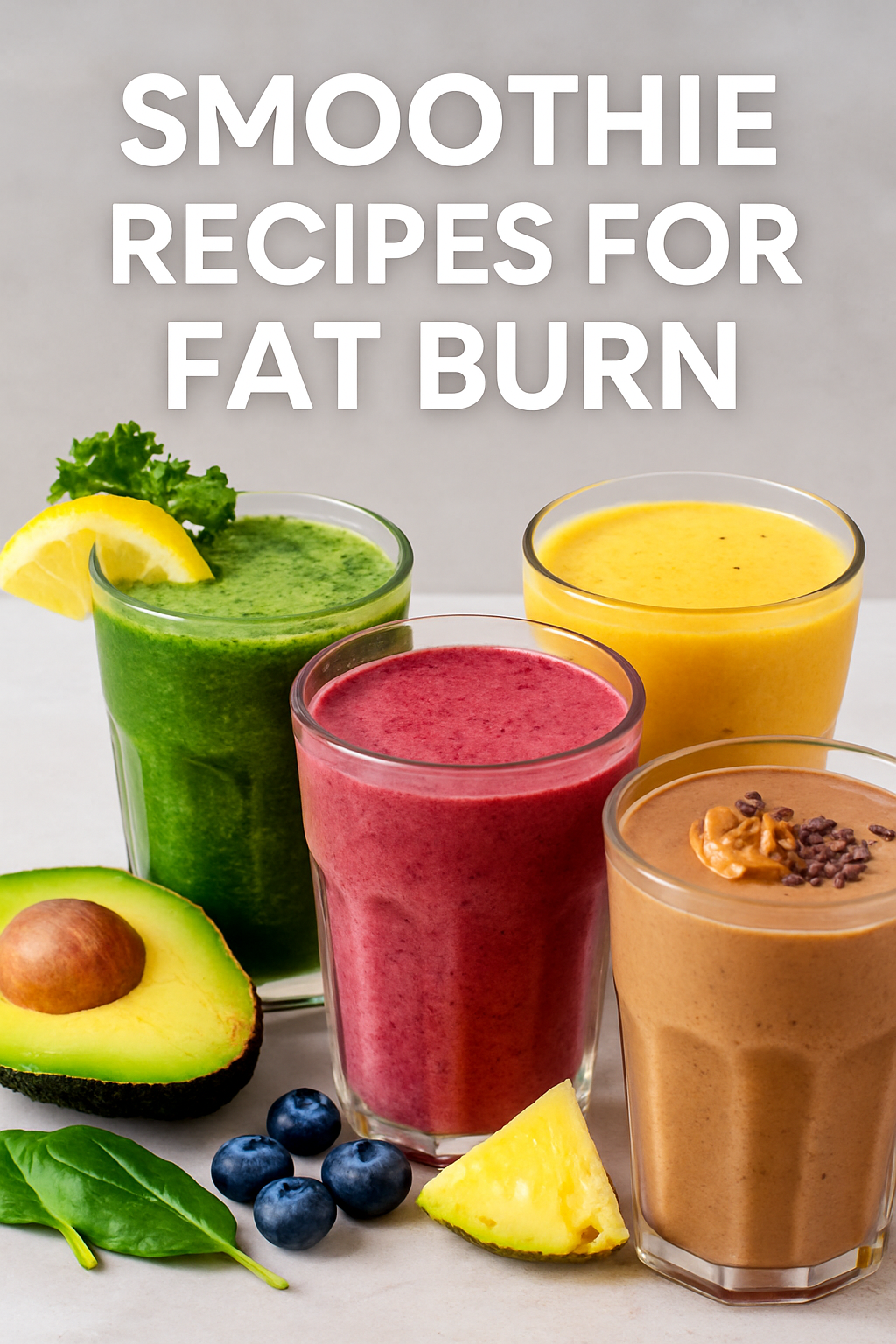 Four colorful smoothies with fresh ingredients for fat burn, titled "Smoothie Recipes for Fat Burn"